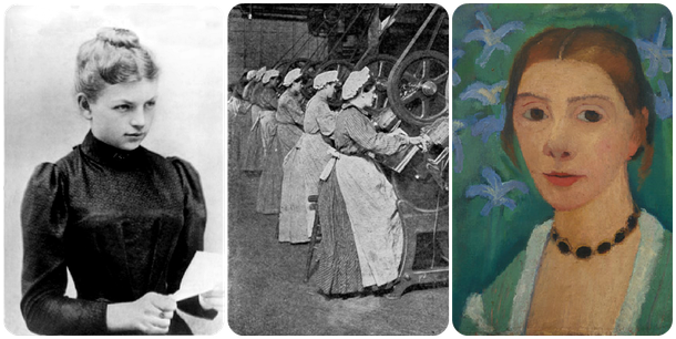 Collage. Links und Mitte lizensiert unter Gemeinfrei, rechts Selb stbildnis Paula Modersohn-Becker, lizenziert unter Bild-PD-alt
