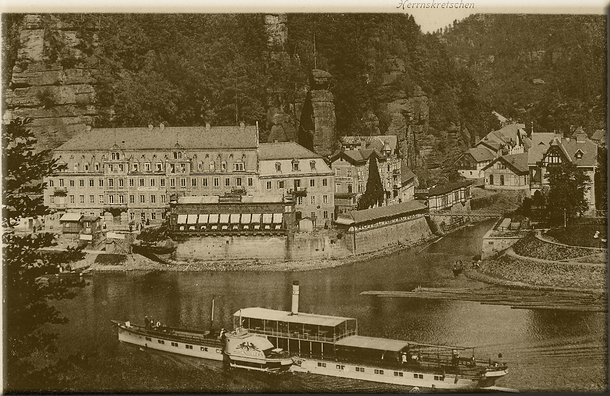 Und so sah es etwa um 1890 in Herrnskretschen an der Mündung der Kamnitz in die Elbe aus.