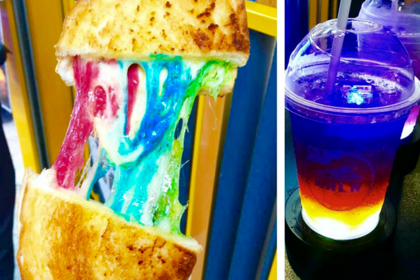 Try amazing and unusual futurist food in Hong Kong: a rainbow toast and a rainbow cocktail that changes colours when you drink it
