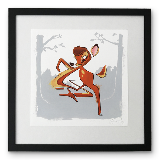 Ein Kunstdruck in einem schwarzem, quadratischem Rahmen. Zu sehen ist die Comic Figur Bambi, bzw. dass was passiert wenn man eine Comicfigur mit einem Graffiti Buchstaben mischt.