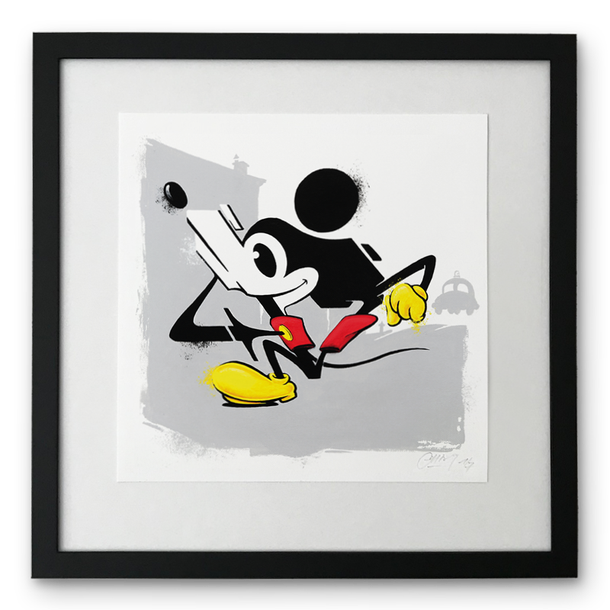 Ein Kunstdruck in einem schwarzem, quadratischem Rahmen. Zu sehen ist die Comic Figur Mickey Mouse, bzw. dass was passiert wenn man eine Comicfigur mit einem Graffiti Buchstaben mischt.