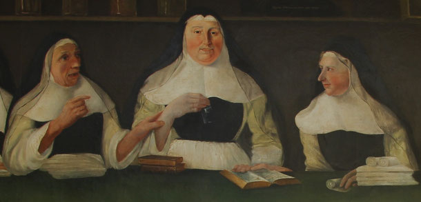 Détail "Leçon de pharmacie" - De gauche à droite : Marie-Augustine ROGER, Marie-Benoite TREDEL (la Supérieure) et Soeur Marie-Monique.