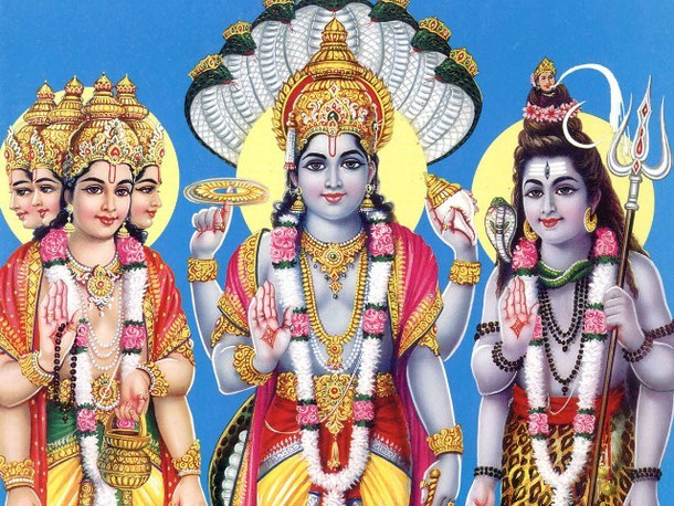 Die hinduistische Triade - Dreieinigkeit: Brahma, Schöpfer des Universums; Vishnu, der Bewahrer und kosmische Energie; Shiva, der Zerstörer und reproduktive Kraft.