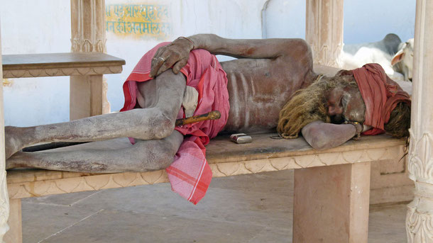 Ein Sadhu mit Rastalocken (Jata) und heiliger Asche (Vibhuti) bedeckt in Pushkar. Wörtl.: („Guter oder auch: Heiliger Mann“) ist im Hinduismus ein Oberbegriff für jene, die sich einem religiösen, teilweise streng asketischen Leben verschrieben haben.