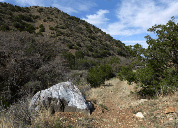 Just beyond this rock painted silver, turn left off to return to the trailhead parking lot.