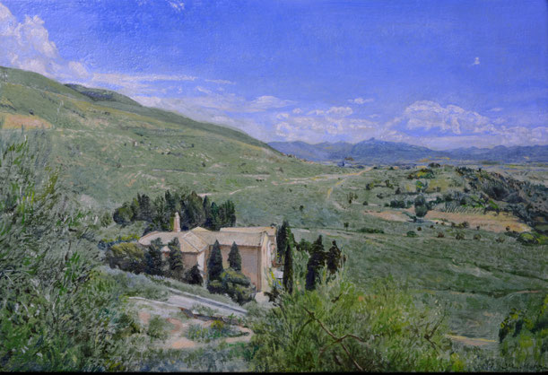 PANORAMA DA CITTA'DI TREVI チッタ・ディ・トレビからの眺め　17x25cm 油彩・板