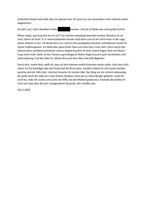 Seite 2: Formloser Text über meine Angst im Dezember 2018, als mir das Stalking über den Kopf wuchs.