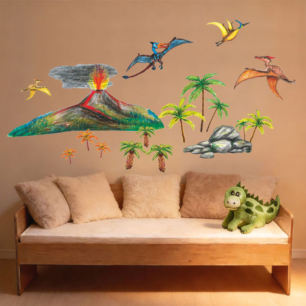 Wandaufkleber Set: Urzeit Dinos mit Flugsaurier, Palmen, Felsen und einem ausbrechenden Vulkan