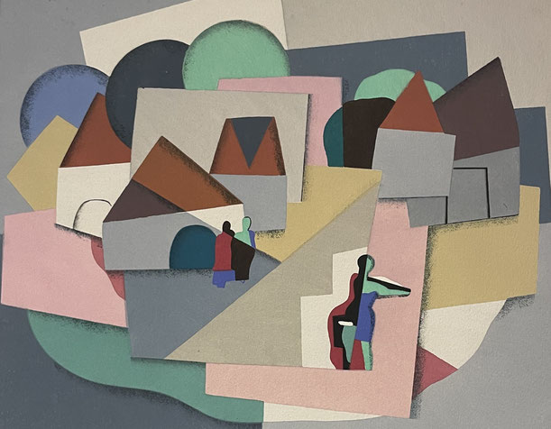Georges VALMIER (1885-1937) d'après Composition circa 1930 Pochoir sur vélin 36 x 30 cm (à vue) encadré, à la galerie agnes thiebault 