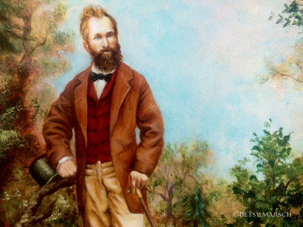 Painted image of Solomon Ramsdell, bearded and with a high forehead and blue eyes, in a rust coat, red vest, and tan trousers, with a black bowtie, and in his hands a tophat and a cane, all in a wooded setting