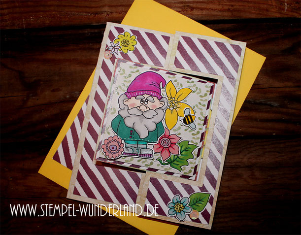 Flip Flap Karte mit Digitalen Stempel Garten Blumen Blüten Gartenzwerg Flamingo Bienen Bienenstock Frühling frisch von www.stempel-wunderland.de
