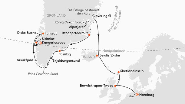 Reisekarte "Expedition West- und Ostgrönland: Grönland als Gesamtkunstwerk" ©Hapag Lloyd Cruises