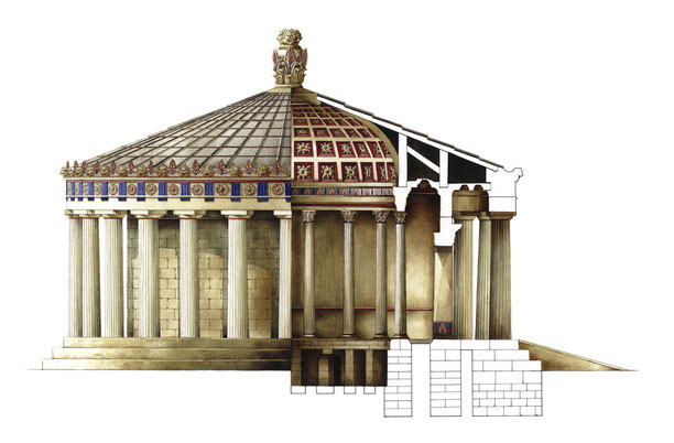Elevação e corte do tholos no santuário de Esculápio em Epidauro, c. 360–320 a.C. Reconstituição por Massimiliano Pezzolini, 2003