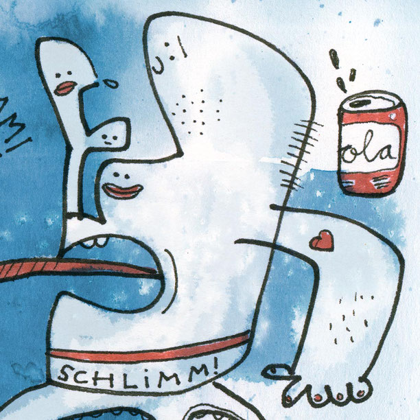 Illustration, Cola, blau, rot, Zeichnung mit Aquarell von Frank Schulz Art