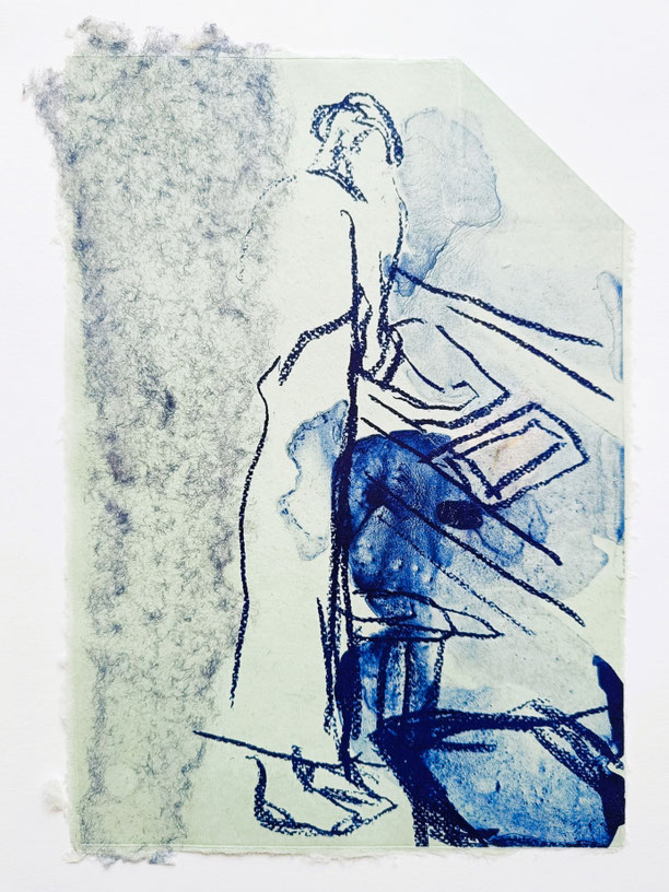 DRESDEN PAPERMAKER II | 2025 | 30 x 21 cm| plate lithography, chine collé, folding, pulp painting, artist made recycled and kozo paper| edition: 4
