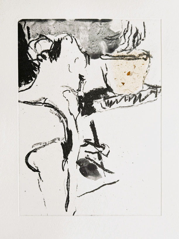 PRINTMAKER WITH DRYPOINT NEEDLE, LITHOGRAPHIC STONE & FLOWER POT | 2026 | plate lithography & chine collé on Somerset Satin printmaking paper by St Cuthberts Mill 