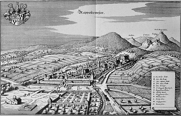 Ribeauvillé - Rappoltsweyer et ses vignobles | Gravure de 1663 par Matthäus Merian, Topographia Alsatiae