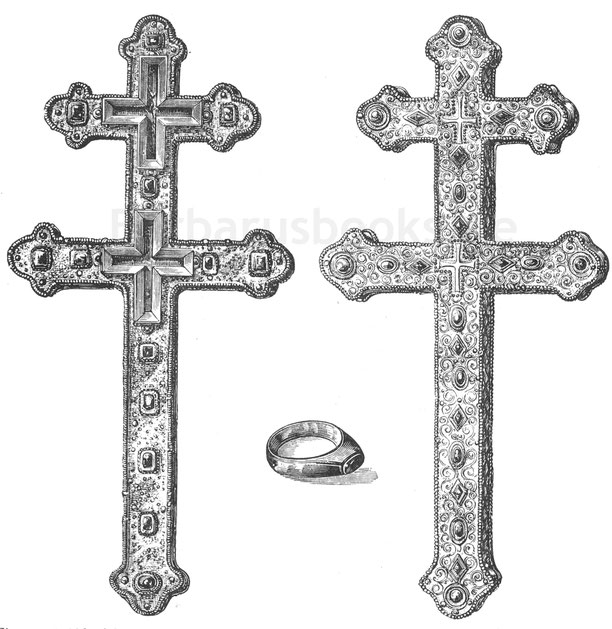 Abb. 242. – Abteiring und -kreuz (Vorder- und Rückseite) der heiligen Waudru, Schutzpatronin von Mons, die 670 starb. Das Kreuz ist aus Silber mit Goldrelief und mit Edelsteinen besetzt. – Reliquien, die in der Kirche St. Waudru in Mons aufbewahrt werden.