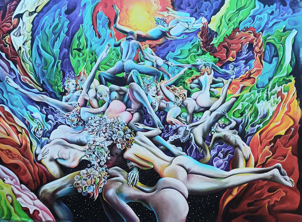 Psychedelic colorful painting of an orgy