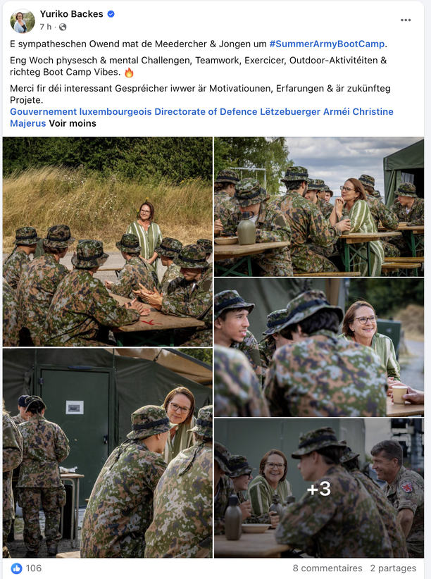 Facebook-Post vum 24. Juli 2026 vun der Ministesch Yuriko Backes (DP) um Boot Camp vun der Arméi.