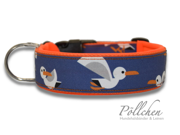 Halsband Orange Blau Möwen XXL für Hunde - Zugstopp und Hundeleine Übergröße handmade in Hamburg 