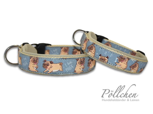 Mopshalsband Mops Pug - hellblau beige Halsband 