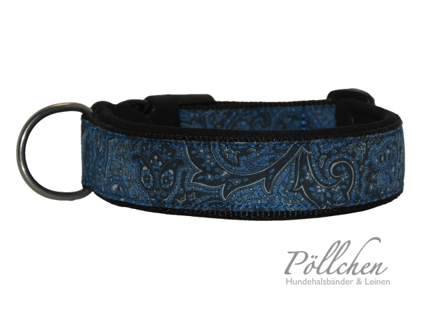 Paisley Halsband in schwarz und dunkelblau - Steckverschluss Alu oder Acetal Zugstopphalsband