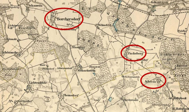 Historischer Kartenausschnitt des Kirchspiels Borchersdorf mit den Orten Fuchsberg und Ackerau