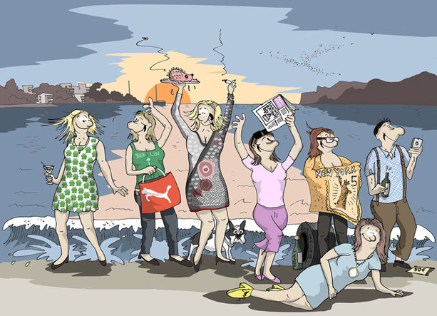 Eine Gruppe fröhlicher Menschen vor einem Sonnenuntergang als Zeichnung im Cartoonstil.