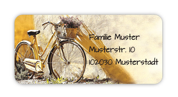 romantische eckige  Adressaufkleber mit nostalgischem Fahrrad und Blumen im Korb, auf umweltfreundlichen PVC-freien selbstklebenden Papier, wasserfest