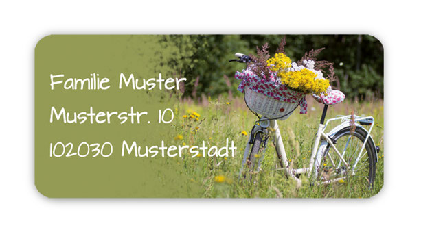 romantische eckige  Adressaufkleber mit weißem Fahrrad und Blumen im Korb, auf umweltfreundlichen PVC-freien selbstklebenden Papier, wasserfest