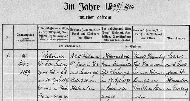 Heiratsmatrikel 1899 Dr. Max Robinson und Erna Henneberg