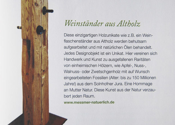 Beitrag in der Zeitschrift Kraut & Rüben über die Designobjekte aus Holz, Fossilien, Glas und Metall von Josef Meßmer