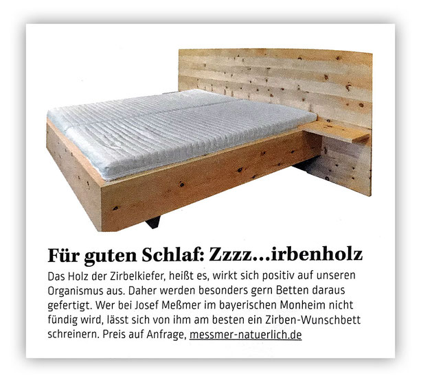 Zeitschrift FOOD & FARM mit einem Beitrag über die Zirbenbetten von Josef Meßmer
