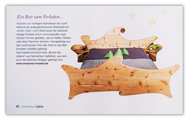 Beitrag in der Zeitschrift Kraut & Rüben über das Zirbenholzbett Bett „Waldfee“ aus der Werkstatt von Josef Meßmer