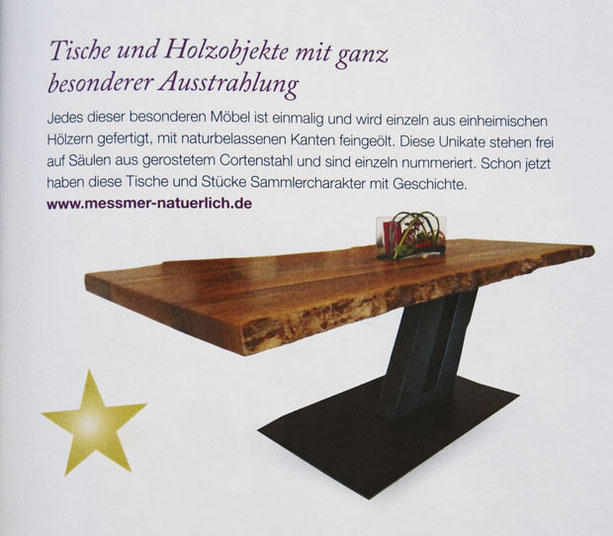 Beitrag in der Zeitschrift Kraut & Rüben über die Unikattische aus Holz und Cortenstahl von Josef Meßmer
