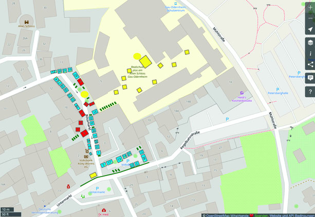 Marktplan des Oremer Genuss- & Entdeckermarkts 2026 in Gau-Odernheim mit nummerierten Standflächen entlang des Rossmarkts, angrenzend an Volksbank, Untermarkt und Realschule. Darstellung basierend auf OpenStreetMap-Daten.