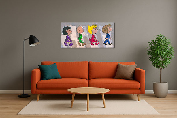 Ein Wohnzimmer im Loft-Stil mit dem Street-Art-Gemälde PEANUTS ON ABBEY ROAD. Die Strukturpaste verleiht der Wand eine besondere künstlerische Tiefe.
