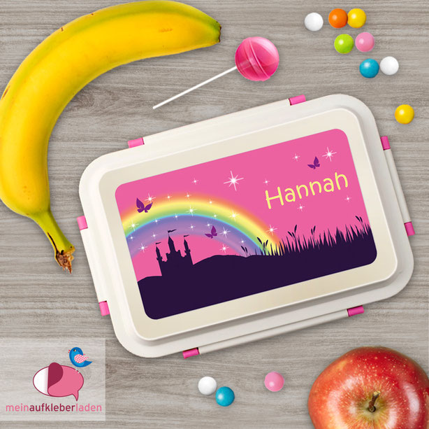 Brotdosenaufkleber 12 x 7 cm  - Motiv: Märchenschloss mit Regenbogen, Schmetterlingen und Glitzersterne - hochwertige PVC-freie Folie, ungiftige Farben - mit Namen personalisierbar