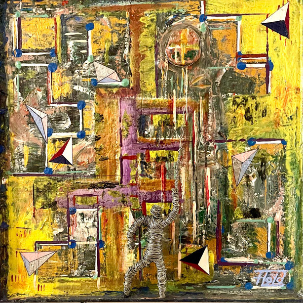 Skulpturale Drahtfigur in einem dichten, farbintensiven Mixed-Media-Gemälde auf Holz – Symbolfigur des Rabulisten im Netzwerk geometrischer Zeichen.
