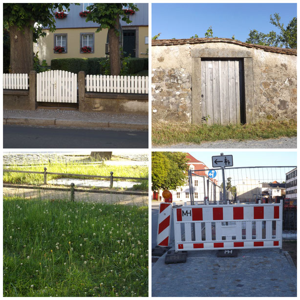 Weiße Zäunchen, historische Gartenmauer, Minizaun gegen Rasenlatscher, Bauzaun