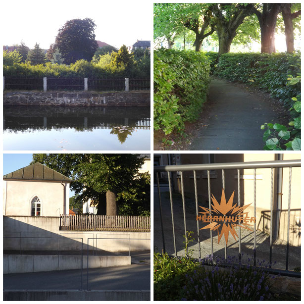 Zaun am Löschwasserteich, Hecken als Wegbegrenzung, Betonmauern und ECHTER Herrnhuter Zaun