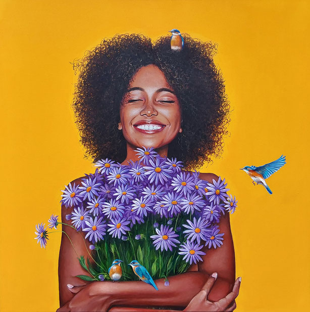 Peinture, art contemporain, couleurs, fun, jeune femme, afro, fleurs, oiseaux