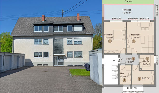 Kombination aus einem Foto der Außenansicht eines Mehrfamilienhauses in Kaltenengers mit gepflastertem Hof und Garagen sowie einer grafischen Grundrisszeichnung einer 3-Zimmer-Etagenwohnung mit Terrasse, Wohnzimmer, Schlafzimmer, Küche und Bad.