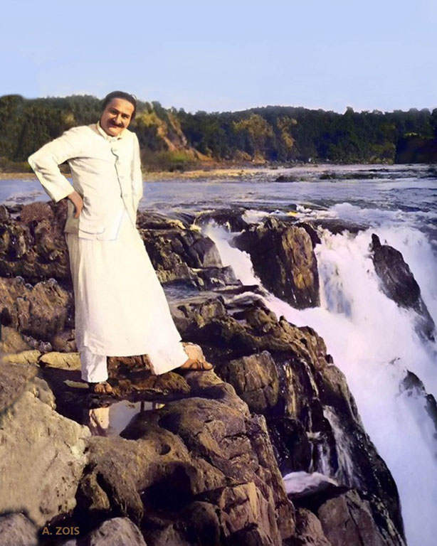 3. Meher Baba  at the Dhuandhar Falls or the Smoke Cascade at Marble Rocks, near Jabalpur, India - 24th Dec. 1938.