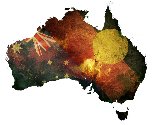 A textured map of Australia blends the Australian and Aboriginal flags across the continent’s shape.