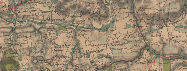 Localisation de Moustoir-Ac et de Quellenec- carte de l'état-major (1820-1866). Sources : IGN