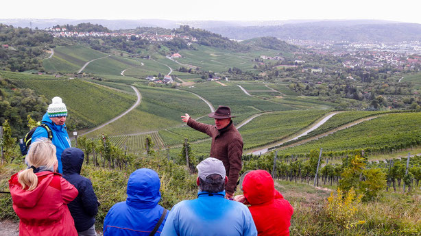 Am Aussichtspunkt Kappelberg: Förster Baranek zeigt auf den gegenüber liegenden Rotenberg mit dem gleichnamigen Ort. Gleich rechts davon der Württemberg mit der Grabkapelle.