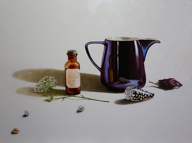 peinture-hyperrealisme-nature-morte-pot-cafe-melitta-coquillages-flacon-officine-roussel-meric-art