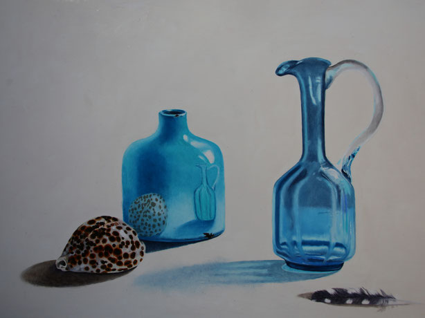 peinture-natures-mortes-hyperrealisme-pot-bouteille-bleus-coquillages--sylvie-roussel-meric